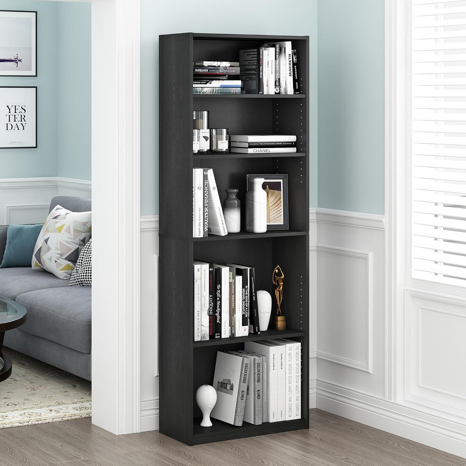 Furinno Jaya Book Shelf, 5-Tier Bookshelf, Bookcase with Adjustable Shelves, 9.5 x 24.5 x 71.2, for Organization and Storage, for Living Room, Bedroom, Home Office, Blackwood