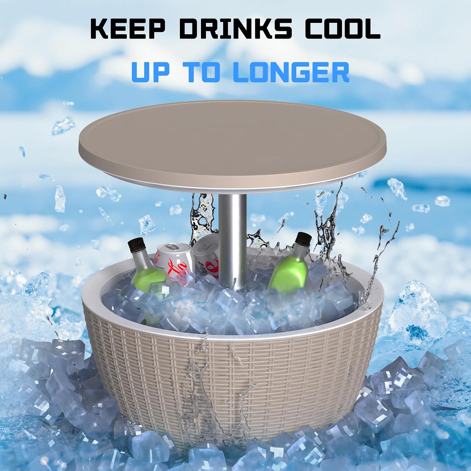EasyUp Outdoor Cooler Bar Table – 8 Gallon Outdoor Patio Cooler Table with Drain Plug, Adjustable Height Rattan-Style Resin Cool Bar for Poolside, Deck, BBQ & Parties (Grey)