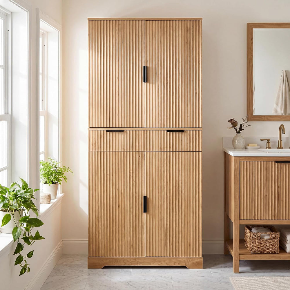 72" Fluted Kitchen Pantry Cabinet with 3 Drawers & 6 Door Shelves, O...