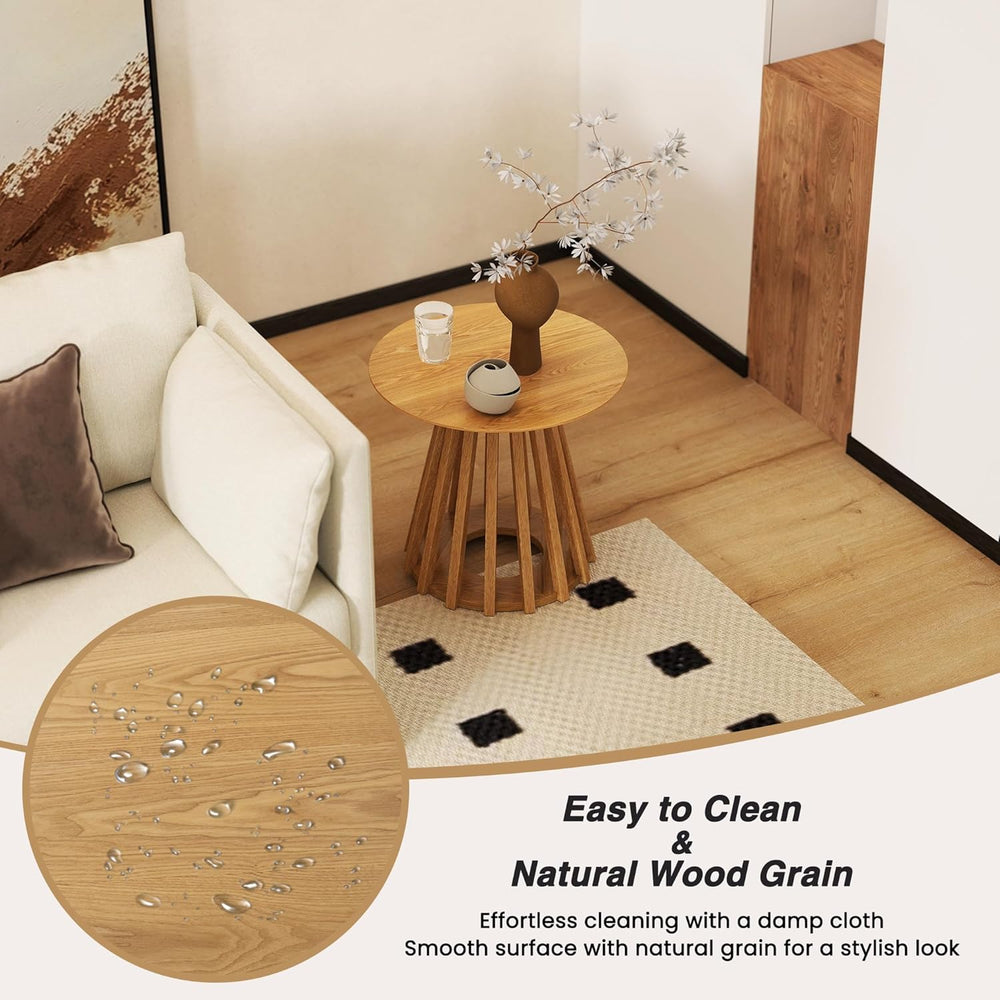 HNY Modern Round Fluted End Table, Wood Pedestal Side Table, Drum Accent Beds...