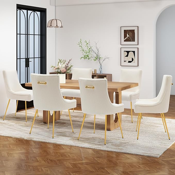 Velvet Dining Chairs Set of 6, Modern Upholstered Kitchen Chair with Pull Handle & Pleated Back, Mid Century Accent Chair with Gold Metal Legs for Vanity,Dining,Kitchen,Living Room, Beige