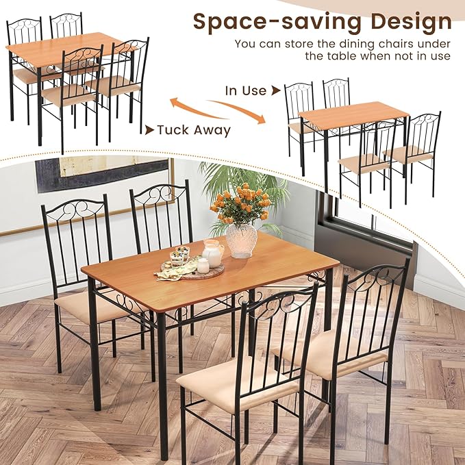 Giantex 5-Piece Dining Set for 4, Modern Wood Kitchen Table with Upholstered Chair, Space-Saving Dinner Table Set for Dinette, Restaurant, Living Dining Room Furniture