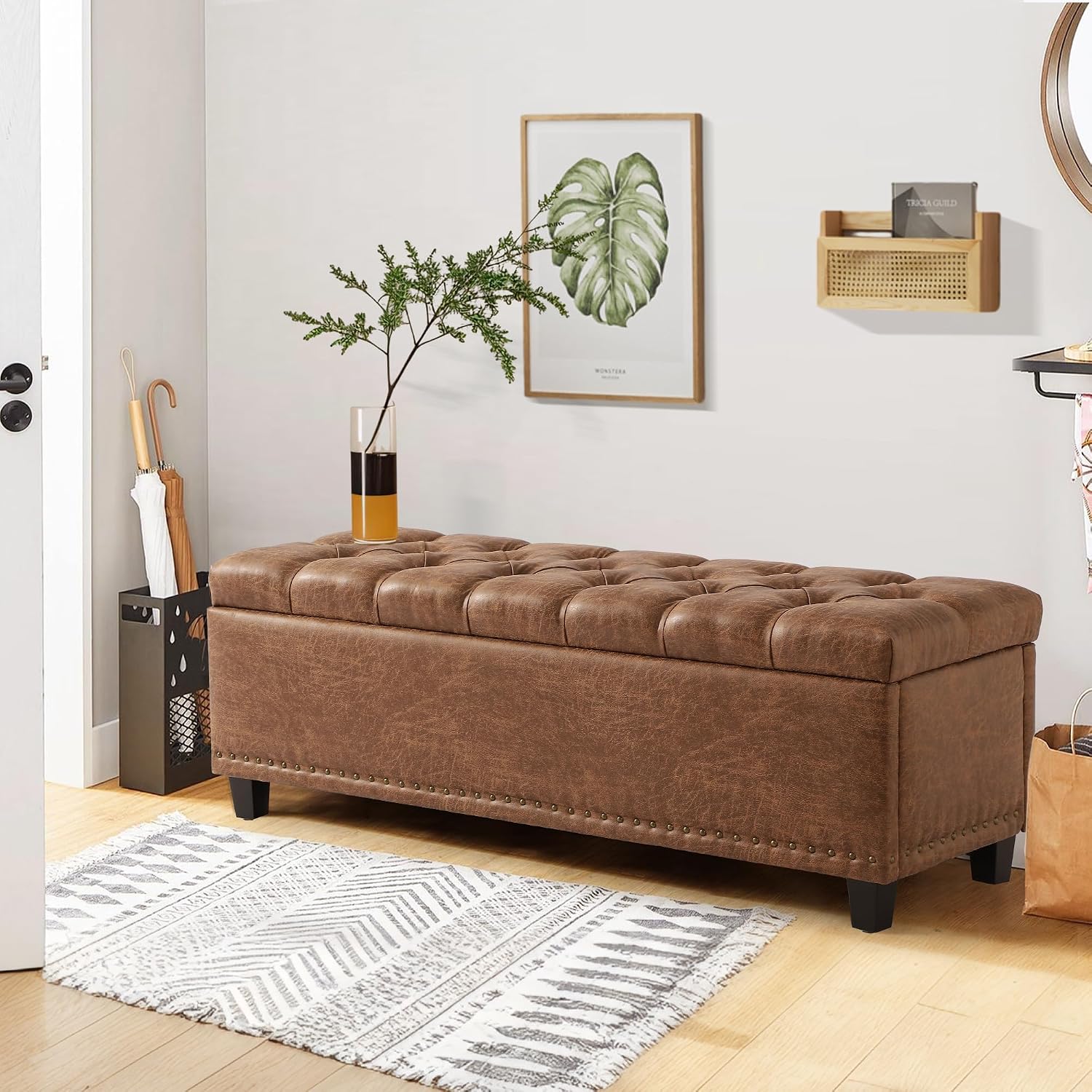 Grepatio Storage Ottoman Bench for Bedroom - 51" Tufted End of Bed Storage Benches with Foot - Upholstered End of Bed Bench - Large Rectangular Bed Ottoman Benches for Living Room Bedroom (Brown)