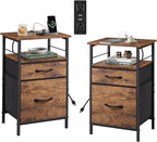 WLIVE Night Stand Set 2, Nightstand with Charging Station, Bedside Tables for Bedroom, Side Table with Fabric Drawers, USB Ports and Outlets, Rustic Brown