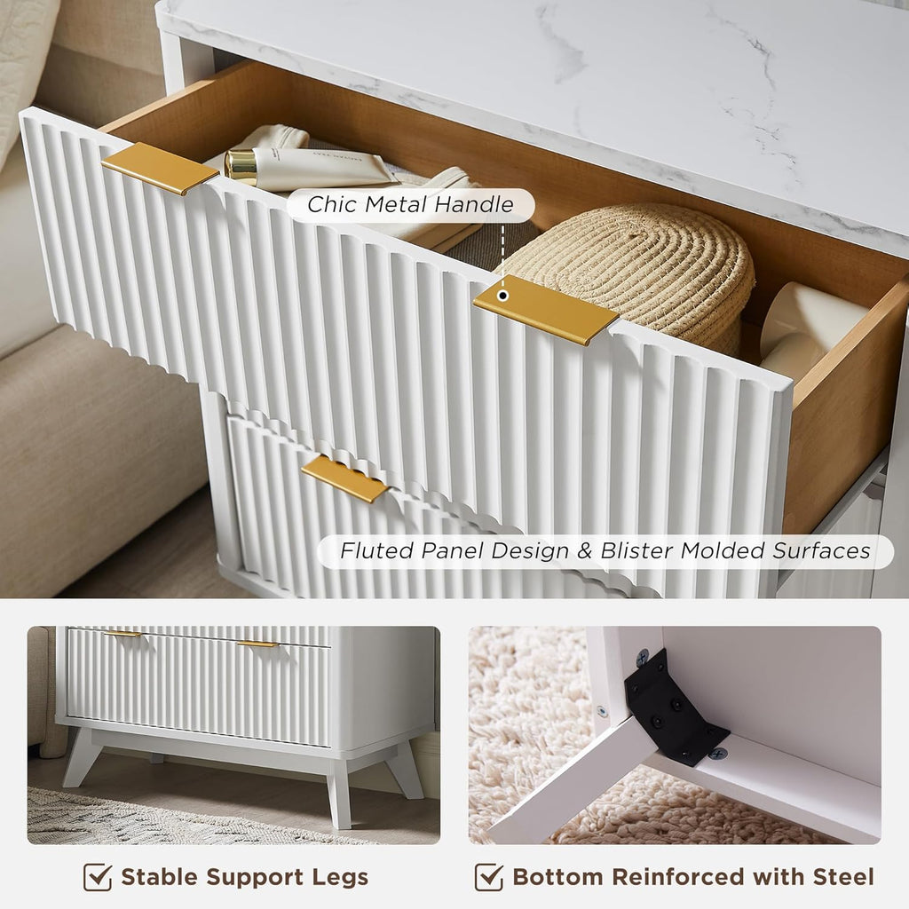 T4TREAM Fluted 3 Drawers Nightstand Set of 2, Oversized Extra Large Modern Side Table with Faux Marble Top, End Table Bedside for Bedroom, Living Room, Curved Profile Design, Solid White