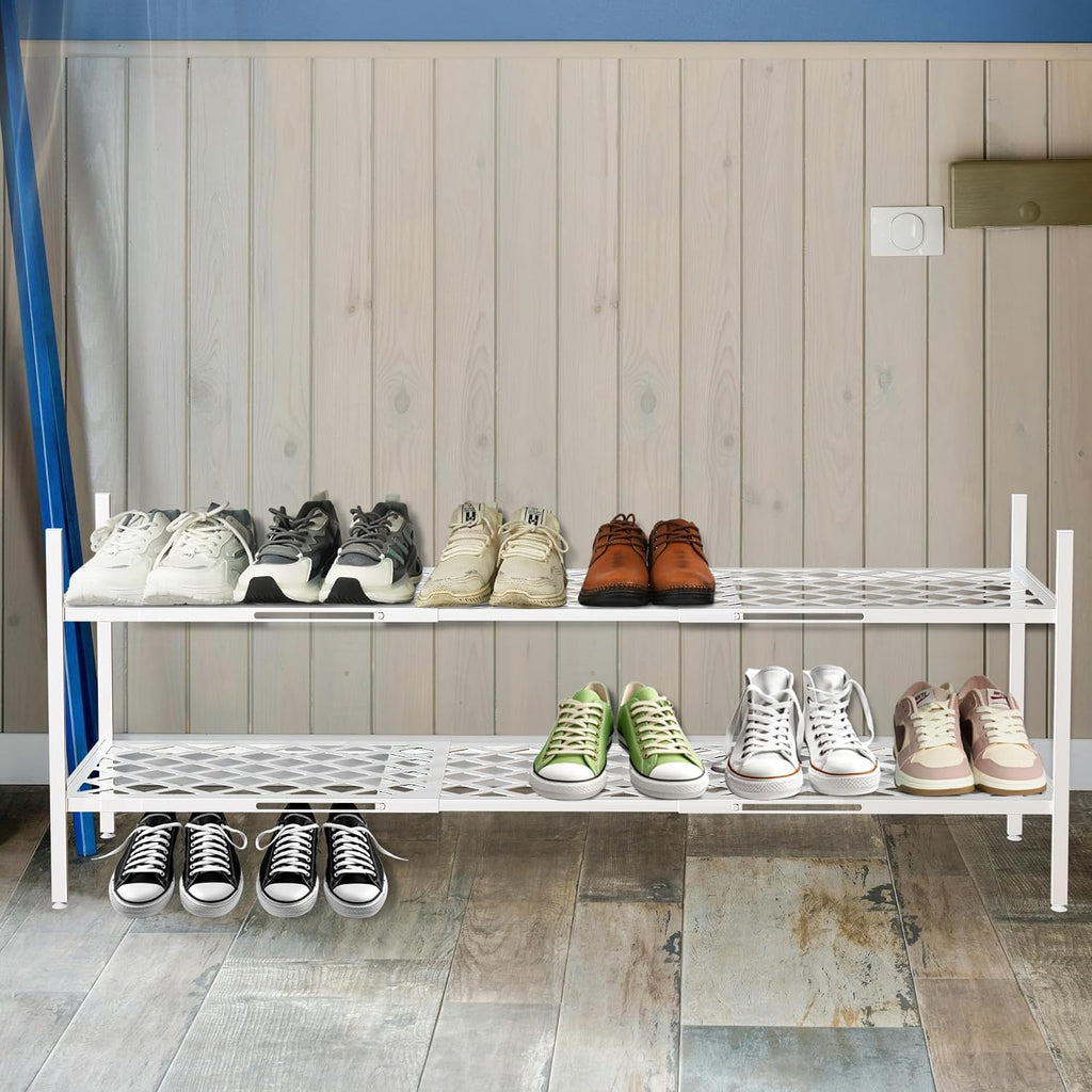 Shoe Rack, 45.6" Expandable Shoe Storage Organizer for Closet - Stackable | 2-Tier Metal Long Shoe Shelf with Sturdy Wire Grid Shoe Stand Holder for Entryway, Garage, Bedroom, Door Entrance, White