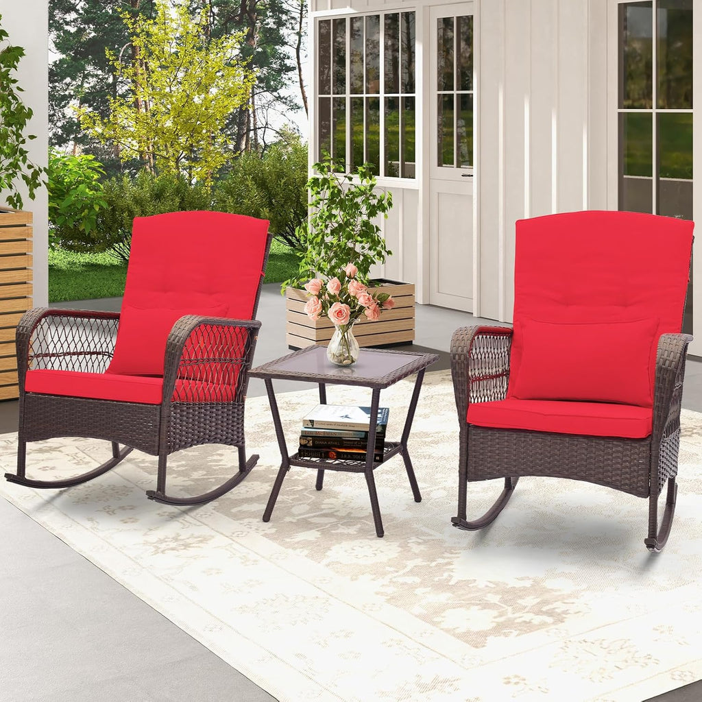 ORALNER 3 Pieces Patio Rocking Chair Set, Wicker Bistro Set (Red) | Outdoor Furniture, Rattan Rocker Set, Cushions, Pillows, Glass Coffee Table, for Balcony Front Porch Poolside Garden Deck