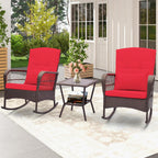 ORALNER 3 Pieces Patio Rocking Chair Set, Wicker Bistro Set (Red) | Outdoor Furniture, Rattan Rocker Set, Cushions, Pillows, Glass Coffee Table, for Balcony Front Porch Poolside Garden Deck