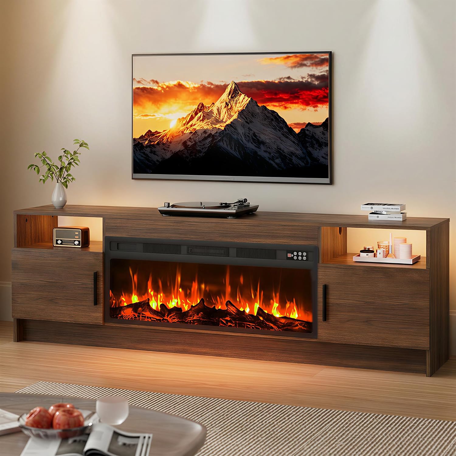 EAG 70" Electric Fireplace TV Stand with 36 inch Fireplace Up to 80" TVs, Entertainment Center with with Storage Cabinet & LED Lights, Modern Media Console for Living Room, Walnut