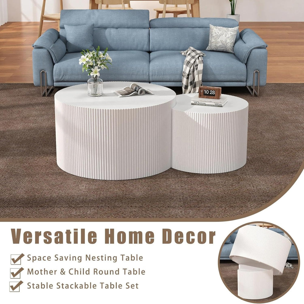 27.5" Round Nesting Coffee Table Set of 2 (White) | Wooden Fluted Drum S...