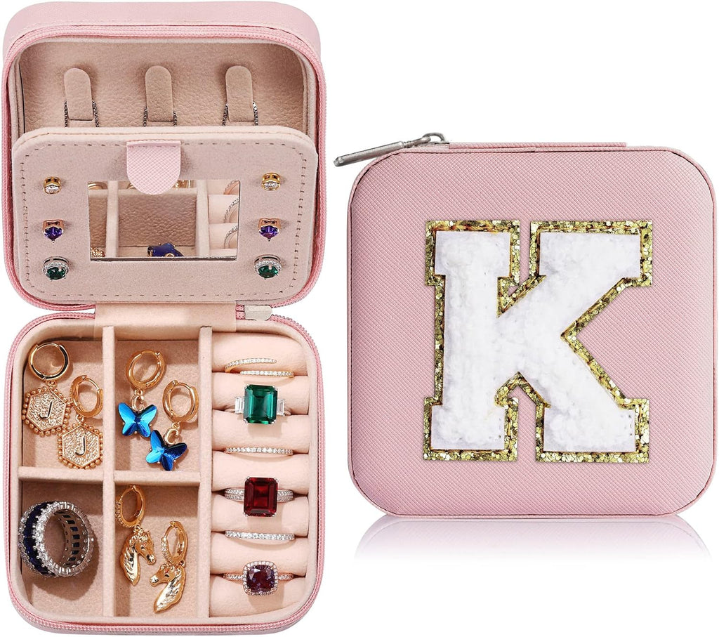 Parima Christmas Stocking Stuffers Gifts for Women Teenage Girls Grandkids, Birthday Gift for Woman, Small Gifts, Cute Travel Jewelry Cases Small Jewelry Box | Letter K, Pink