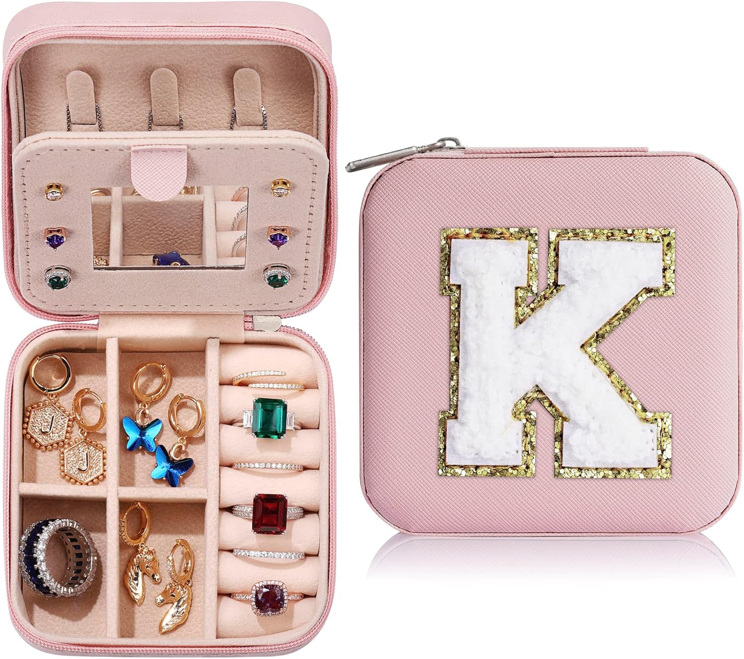 Parima Christmas Stocking Stuffers Gifts for Women Teenage Girls Grandkids, Birthday Gift for Woman, Small Gifts, Cute Travel Jewelry Cases Small Jewelry Box | Letter K, Pink