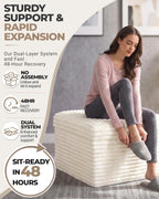 23.6in Pouf Ottoman, Corduroy Footstool Foot Rest Seating, Beige | Dual-layer support poofy pouf with soft chunk-foam top & firm foam base. Ideal floor foot stool & seating for living room