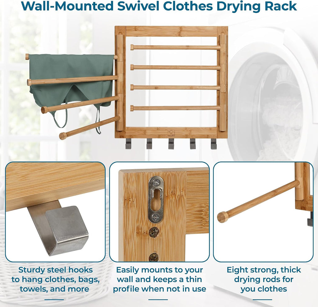 Honey-Can-Do Bamboo Wall-Mount Swivel-Arm Drying Rack, 80 lb, Natural | Wall-mount bamboo rack with 8 swivel arms holds 80 lb; folds to 1.7 in deep. Ships assembled with 5 steel hooks.