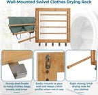 Honey-Can-Do Bamboo Wall-Mount Swivel-Arm Drying Rack, 80 lb, Natural | Wall-mount bamboo rack with 8 swivel arms holds 80 lb; folds to 1.7 in deep. Ships assembled with 5 steel hooks.