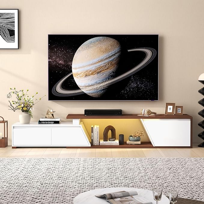 Verano Garden Extendable TV Stand with Led Lights, Wood TV Media Console with 2 Drawers & 1 Cabinet, Modern Entertainment Center Up to 90 Inch TV for Living Room Bedroom, 63" - 90.6" (White & Walnut)