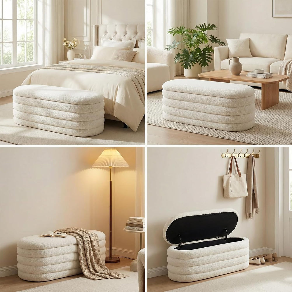 Furniliving Storage Ottoman Bench, 45'' Upholstered Boucle Ottoman wi...