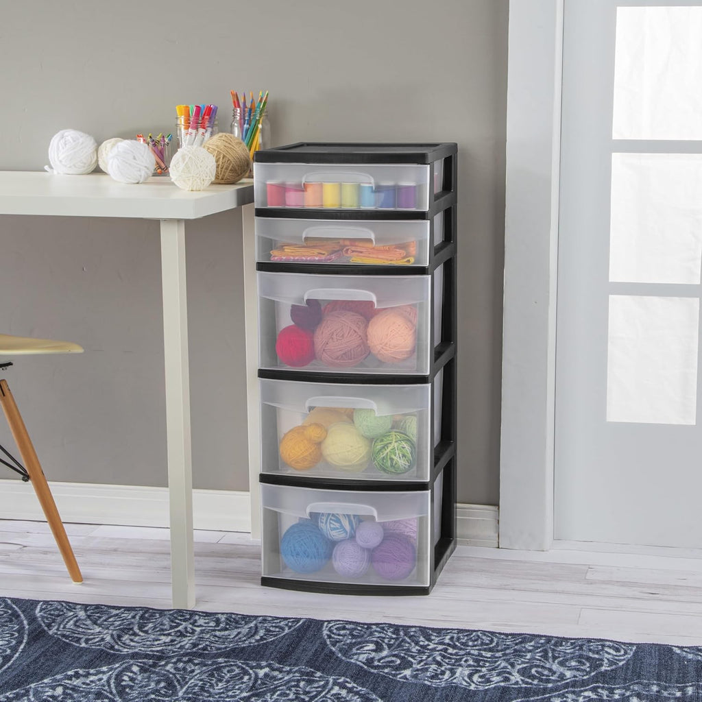 5-Tier Storage Drawer,with Both Shallow and Deep Clear Plastic Storage Organizer Drawer Tower，Suitable for Bedroom,Bathroom and Office Organization Black
