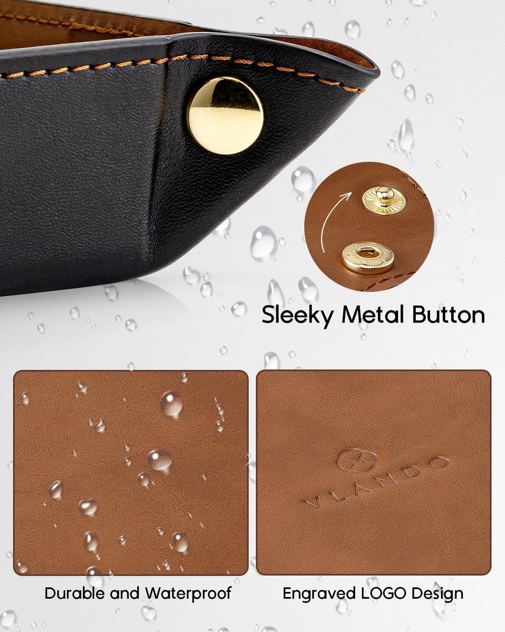 VLANDO Travel Valet Tray, Foldable PU Leather Catchall Tray, Light Brown | Large 8.5-Inch Key Tray for Wallet, Watch, Phone, Jewelry and Glasses, Nightstand Dresser Desk Entryway Organizer