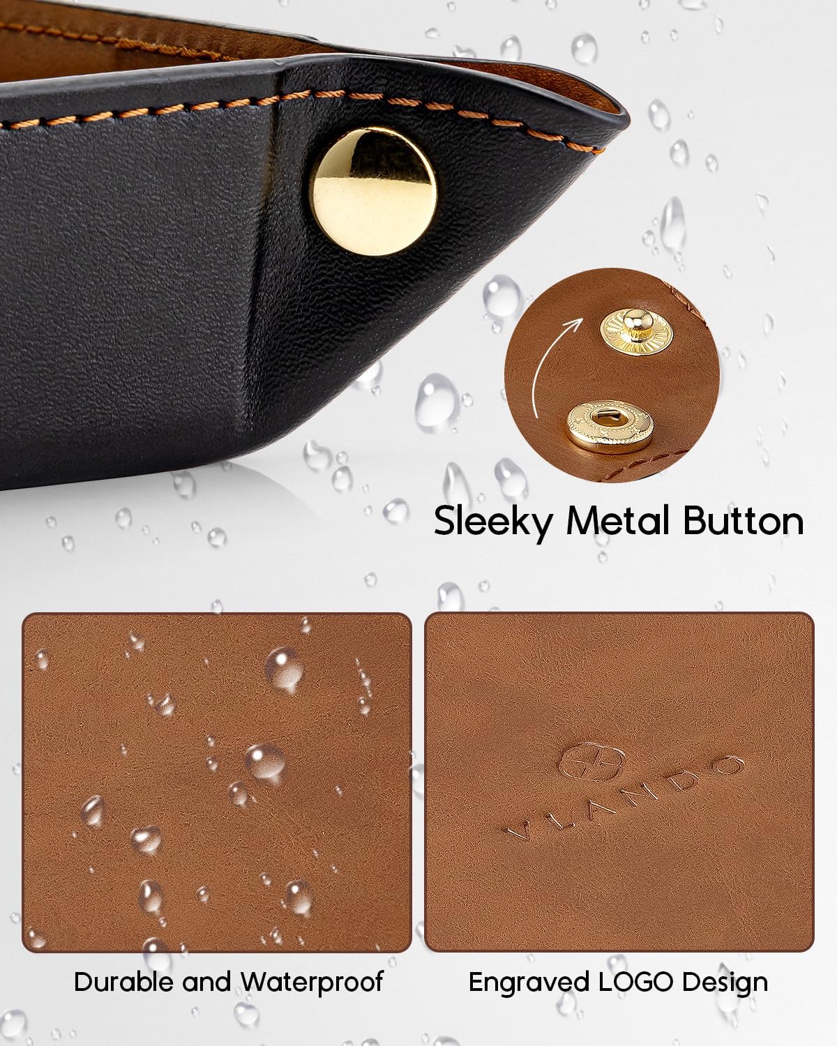 VLANDO Travel Valet Tray, Foldable PU Leather Catchall Tray, Light Brown | Large 8.5-Inch Key Tray for Wallet, Watch, Phone, Jewelry and Glasses, Nightstand Dresser Desk Entryway Organizer