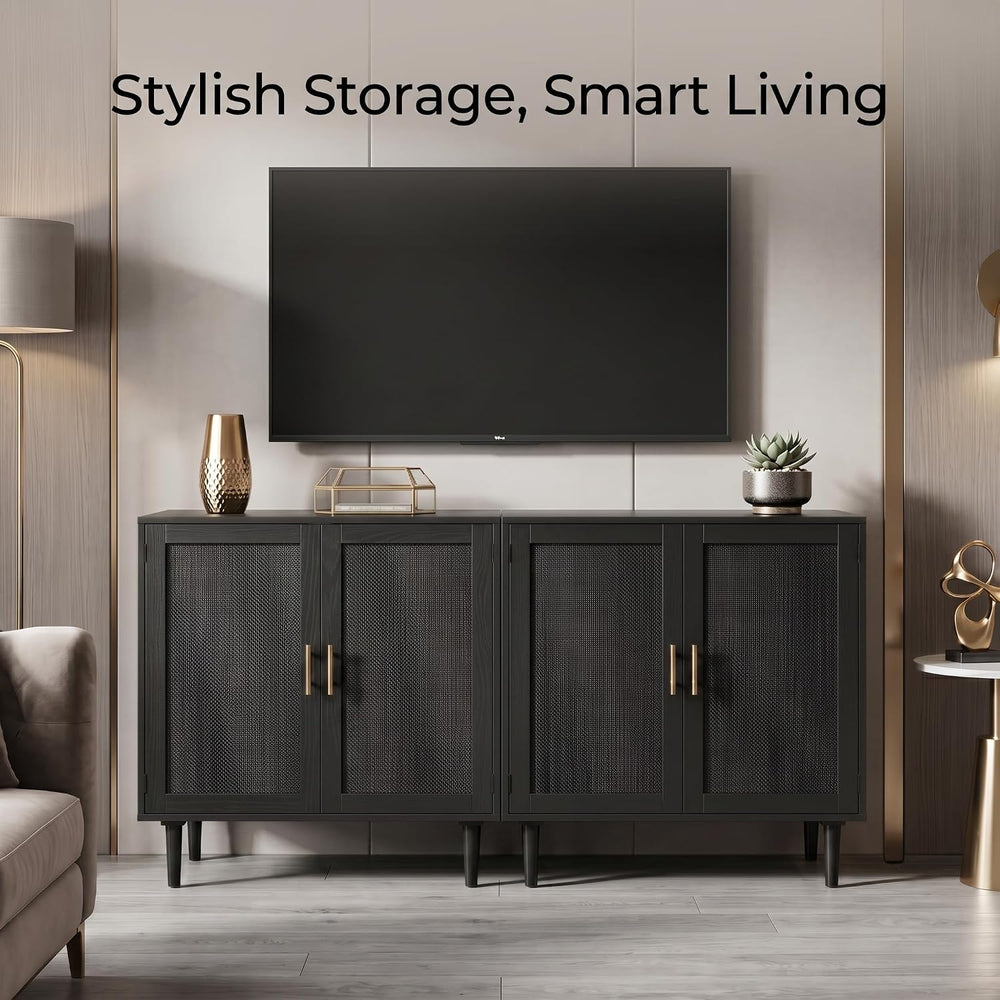 Finnhomy Sideboard Buffet Kitchen Storage Cabinet with Black Painted Rattan D...