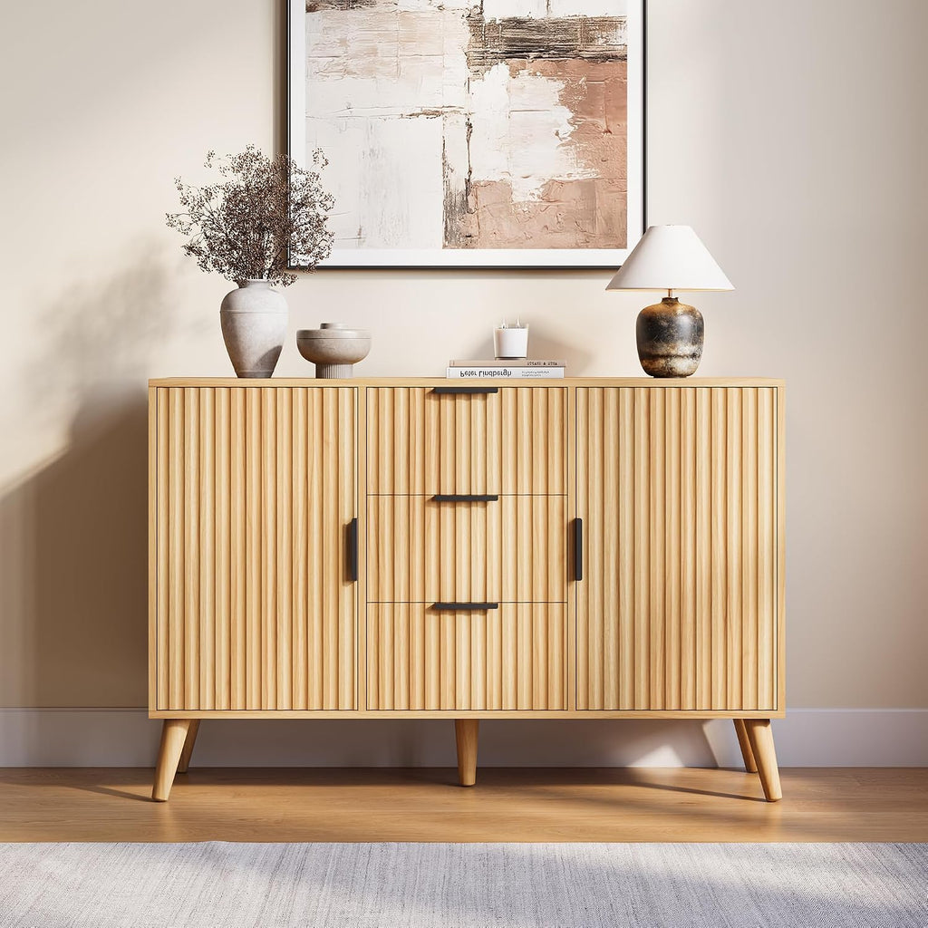 47.2" Fluted Sideboard Buffet Cabinet with 3 Drawers, Modern Sideboard Cabinet with Storage, Large Storage Cabinets with 2 Doors Accent Credenza for Kitchen|Living Room|Entryway, Natural