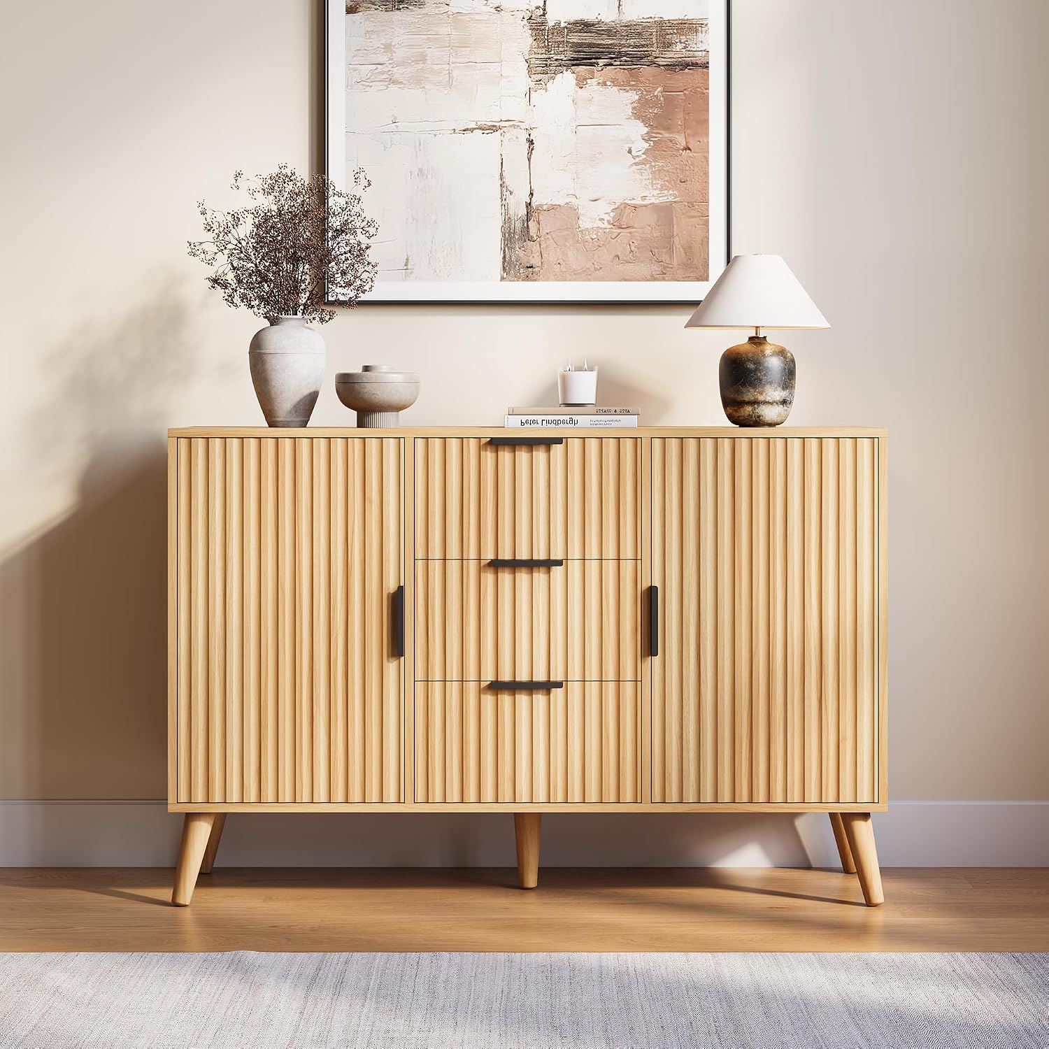 47.2" Fluted Sideboard Buffet Cabinet with 3 Drawers, Modern Sideboard Cabinet with Storage, Large Storage Cabinets with 2 Doors Accent Credenza for Kitchen|Living Room|Entryway, Natural