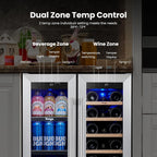 Yeego Wine and Beverage Refrigerator - 24 Inch Dual Zone Wine Fridge 60 Can & 20 Bottle, 36-72°F Cooler Built in Under Counter Fridge with Glass Door for Beer Soda Drink Home Bar Office