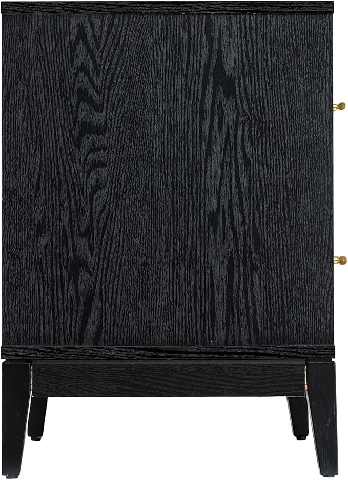 Sango Shagreen 2-Drawer Nightstand, Modern Black Bedside Table with Gray Faux Shagreen Drawer Fronts, Brass Handles, Sturdy Legs, Elegant Storage for Contemporary & Luxury Homes