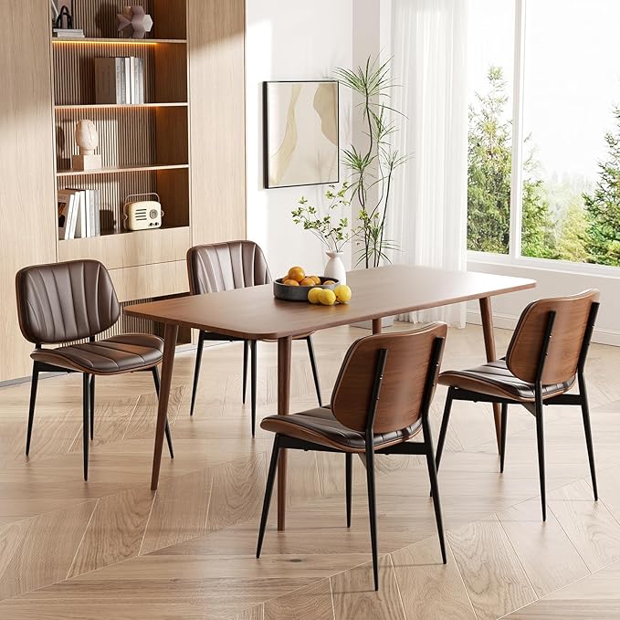 Dining Chairs Set of 8, Mid Century Modern Dining Room Chairs, Upholstered Faux Leather Kitchen Chairs with Walnut Bentwood Back and Metal Legs