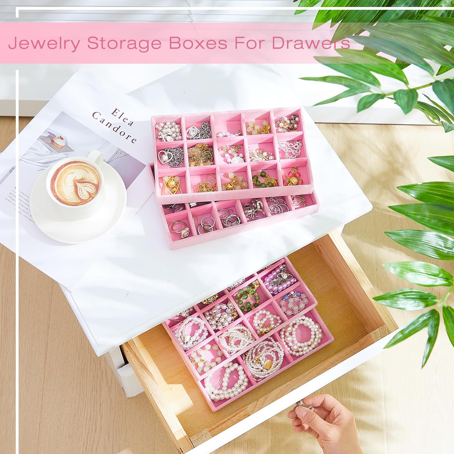 Junkin 12 Pcs Jewelry Tray Velvet Stackable Jewelry Organizer Trays Divided Earring Accessories Storage Containers Box (Rose Red)