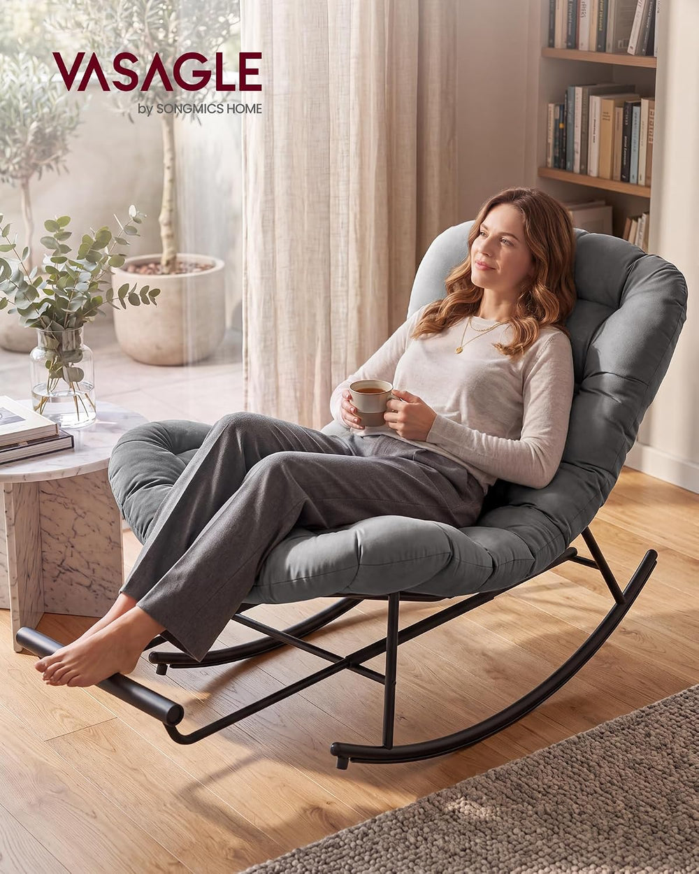 VASAGLE Outdoor Rocking Chair with Extendable Footrest, Removable Cushion