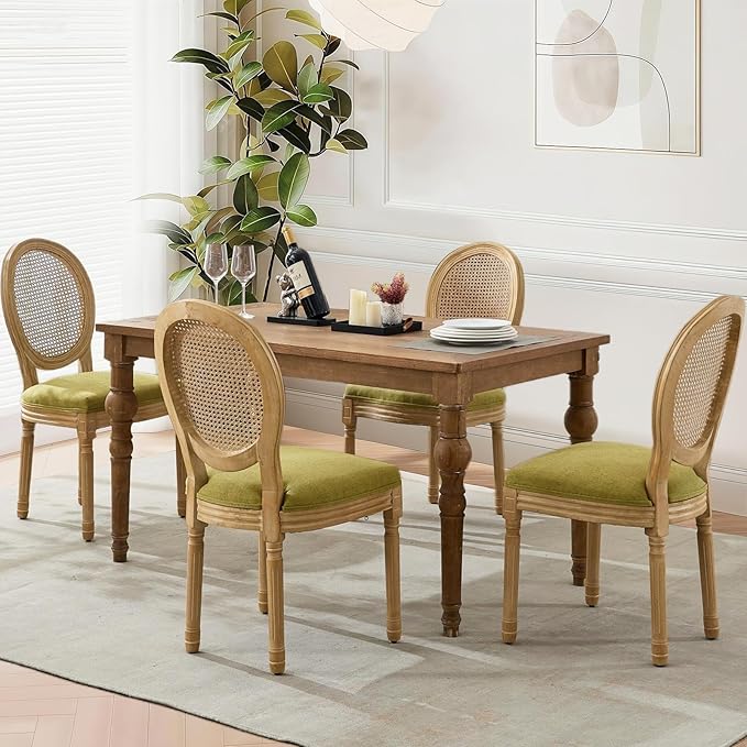 Rattan Back Upholstered Dining Chairs Set of 2 French Country Oval Kitchen Si...