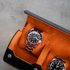 DailyWatch | Personalized Watch Roll Travel Case For 2 Watches - Handmade Genuine Leather Travel Case With Custom Engraving of Name or Initials - Black Orange