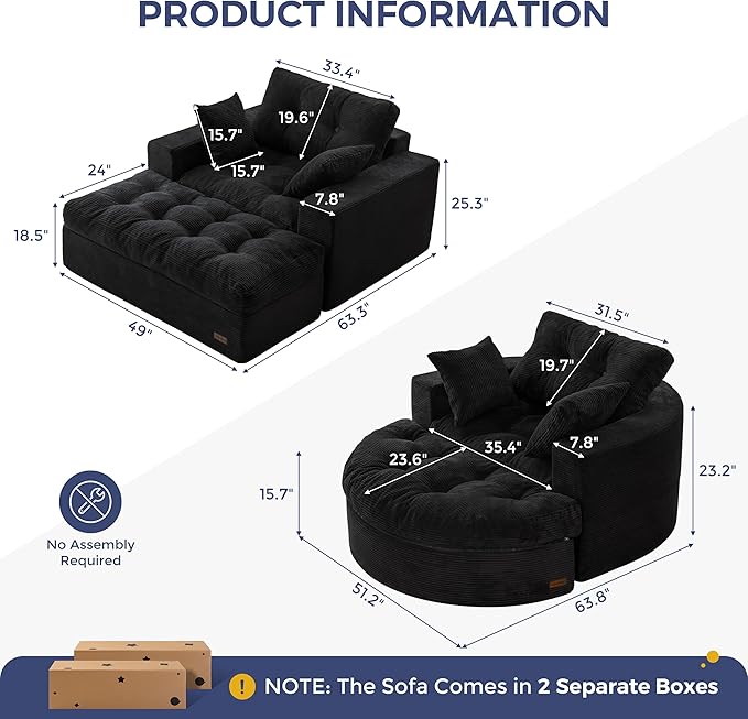 MAXYOYO Modular Sectional Chaise Lounge Sofa, 2 Sets Upholstered Lounge Chair with Ottoman, Comfy Round+ Square Couch with Layered Cushion, Tufted Sleeper Chair for Living Room, No Assembly, Black