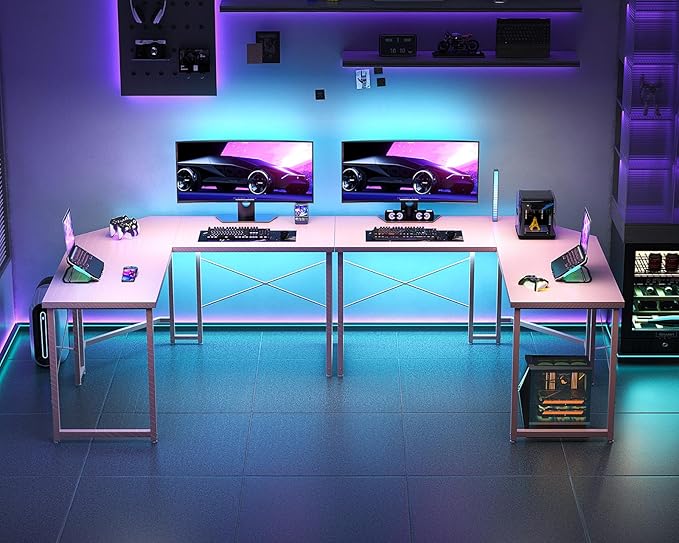 Casaottima L Shaped Gaming Desk, Corner Desk Gaming Table for Home Office, Computer Desk Sturdy Writing Workstation for Small Space, Easy to Assemble, 51 inch, Carbon Fiber Surface, Pink
