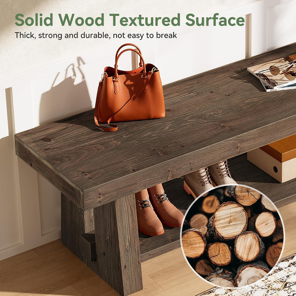 63'' Solid Wood Entryway Bench with Open Shelves, 2-Tier End of Bed B...