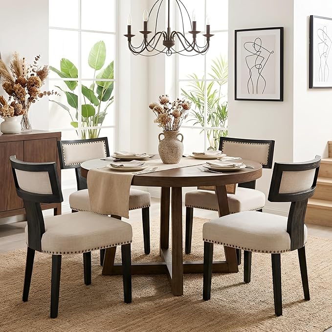 HNY Mid Century Modern Dining Chairs Set of 2, Farmhouse Linen Fabric Upholstered Accent Chairs Curved Nailhead Trim Backrest Kitchen Chairs, with Black Hardwood Frame, Beige