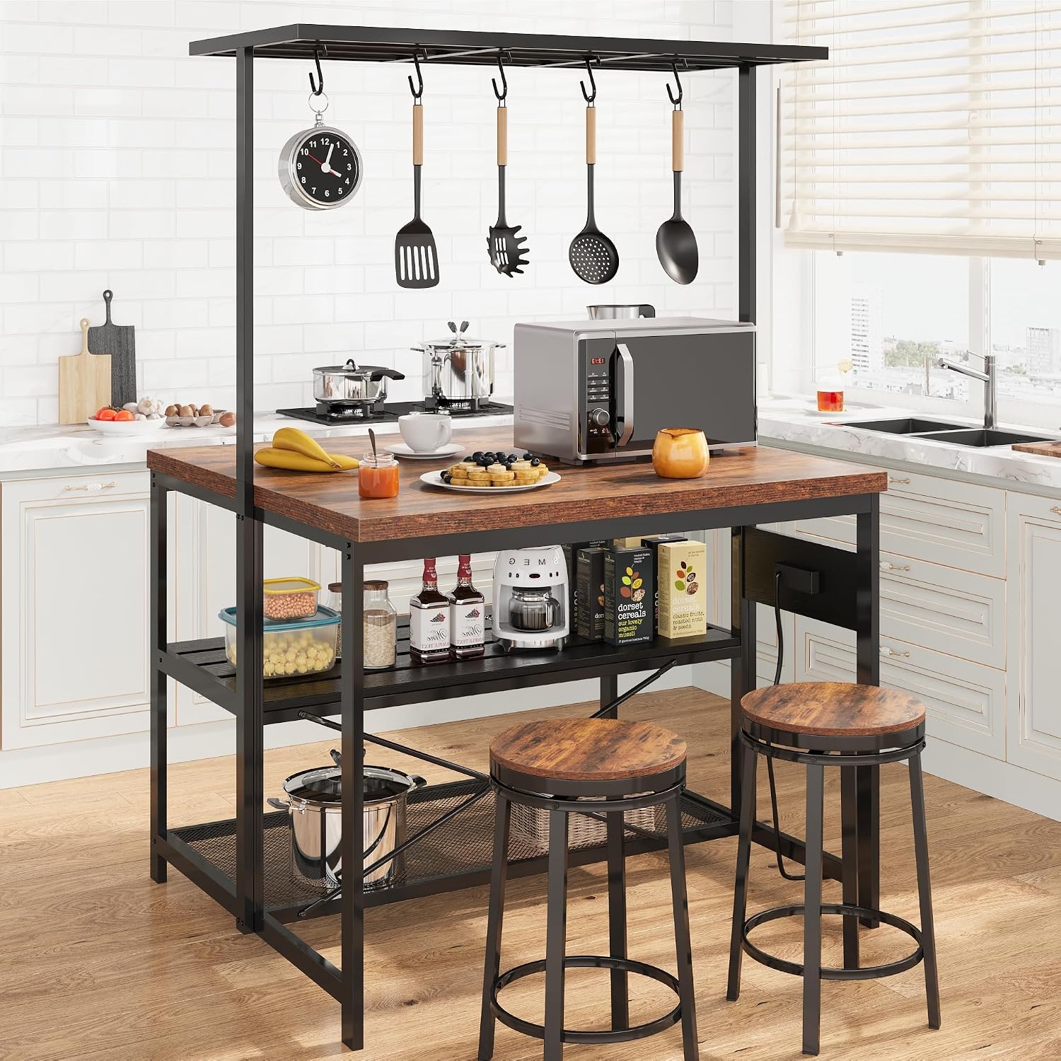 Industrial Kitchen Island with Storage & Power Outlet – 3-Tier Bakers Rack Coffee Bar Station, Heavy Duty Steel Frame, Spacious Prep Table with Shelves & 5 Hooks for Small Spaces, Dining, Living Room