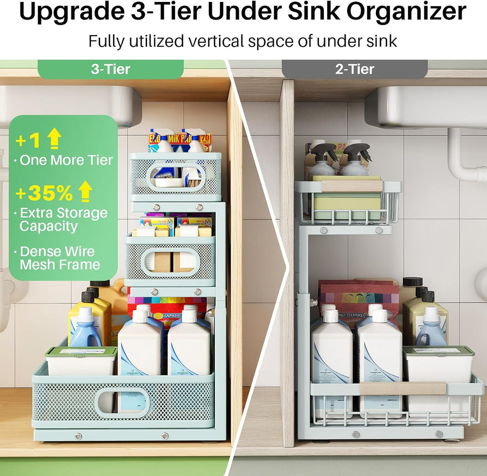 Under Sink Organizer, 2-Pack 3-Tier Height Adjustable Thickened Metal Pull ou...