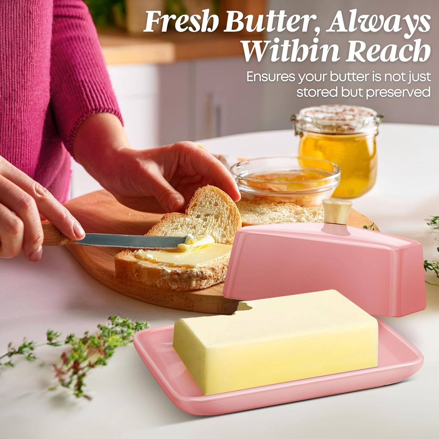 Flexzion Ceramic Pink European Butter Dish with Lid for Countertop (7 Inch) - Wide 2 Stick Double Butter Holder for Counter, Cream Cheese Container Storage Keeper