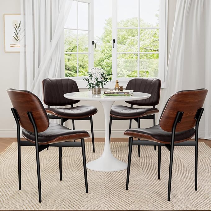 Dining Chairs Set of 6, Mid-Century Modern Upholstered PU Leather Chairs with Walnut Bentwood Back and Metal Legs Adjustable Feet for Kitchen Dining Room, Dark Brown Shell Strips