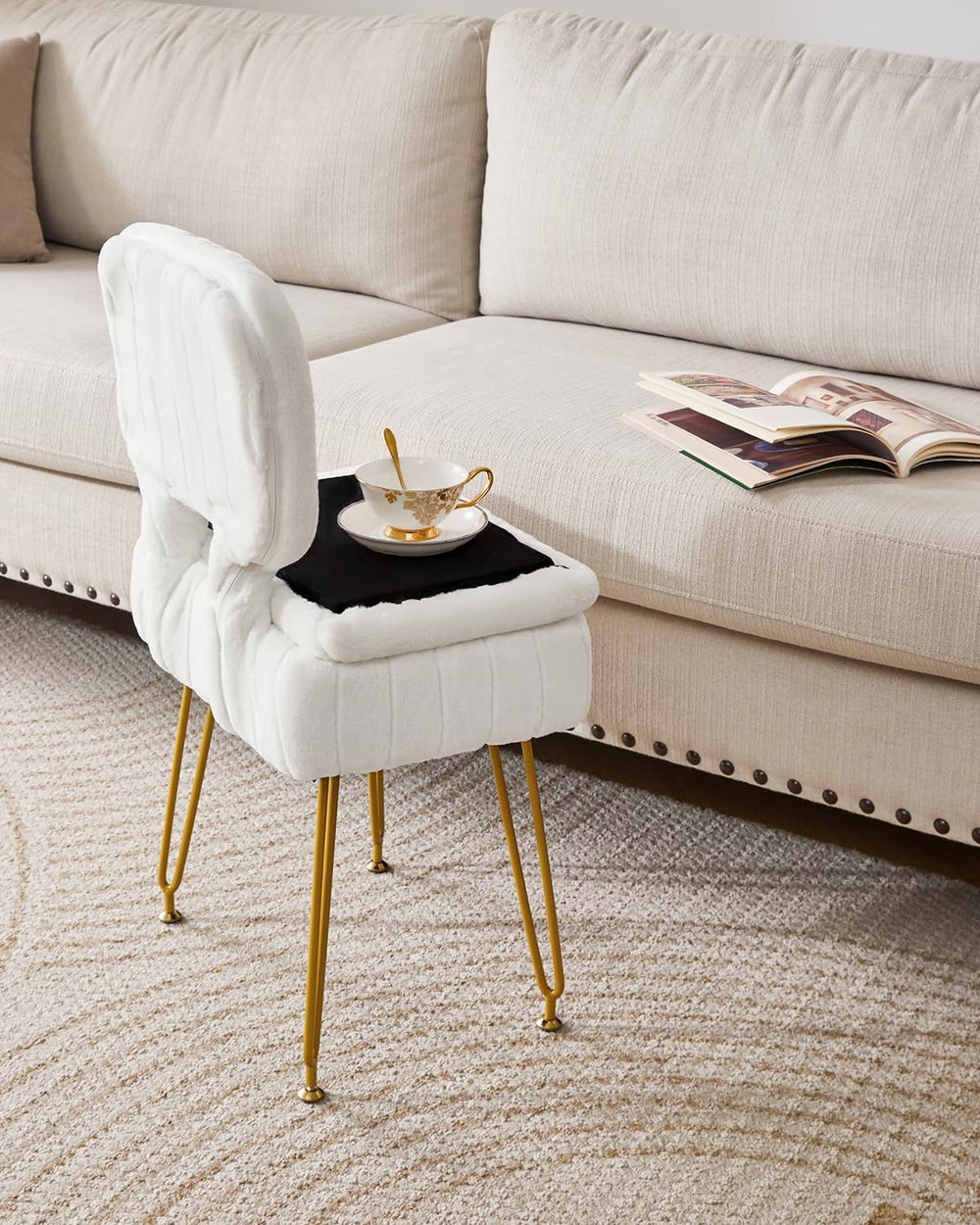 IBUYKE Vanity Stool with Storage, Folding Back Makeup Chair, White WBD030W | ...