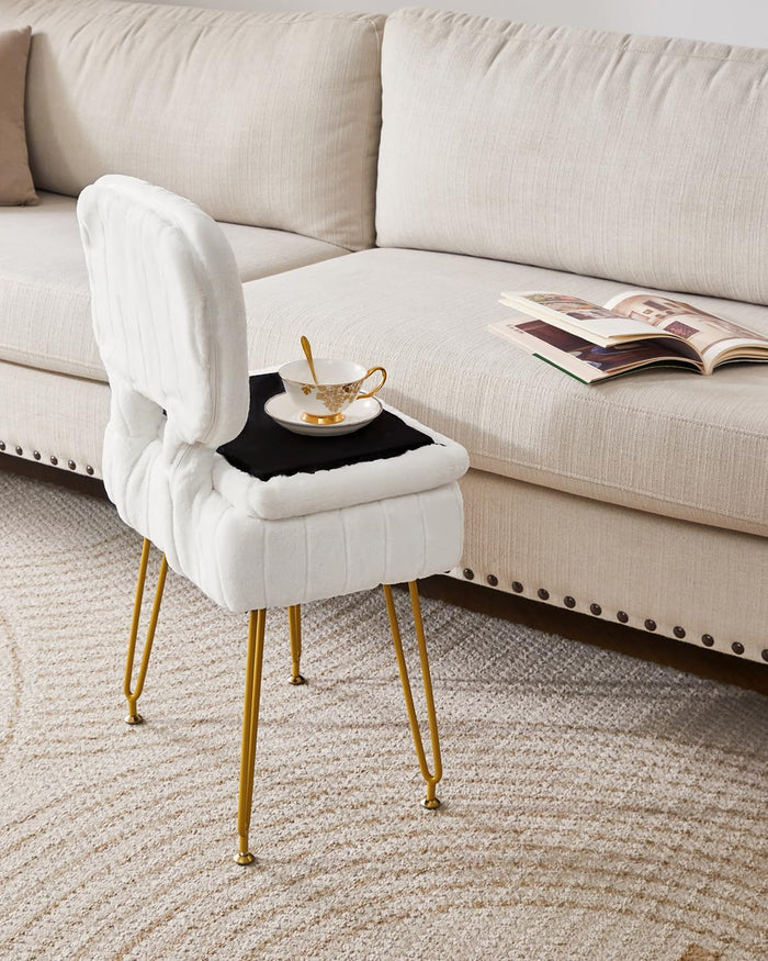 IBUYKE Vanity Stool with Storage, Folding Back Makeup Chair, White WBD030W | Rectangular Small 15.75" x 11.81" x 29.13" Velvet Cute Ottoman Stool Living Room Anti-Slip Feet