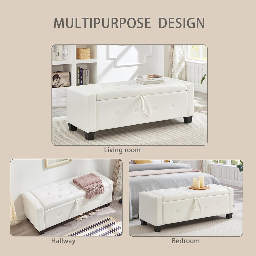 48" Storage Ottoman Bench, Ivory White | Faux Leather, Lift Top, For Living Room & Bed End, Upholstered Tufted PU