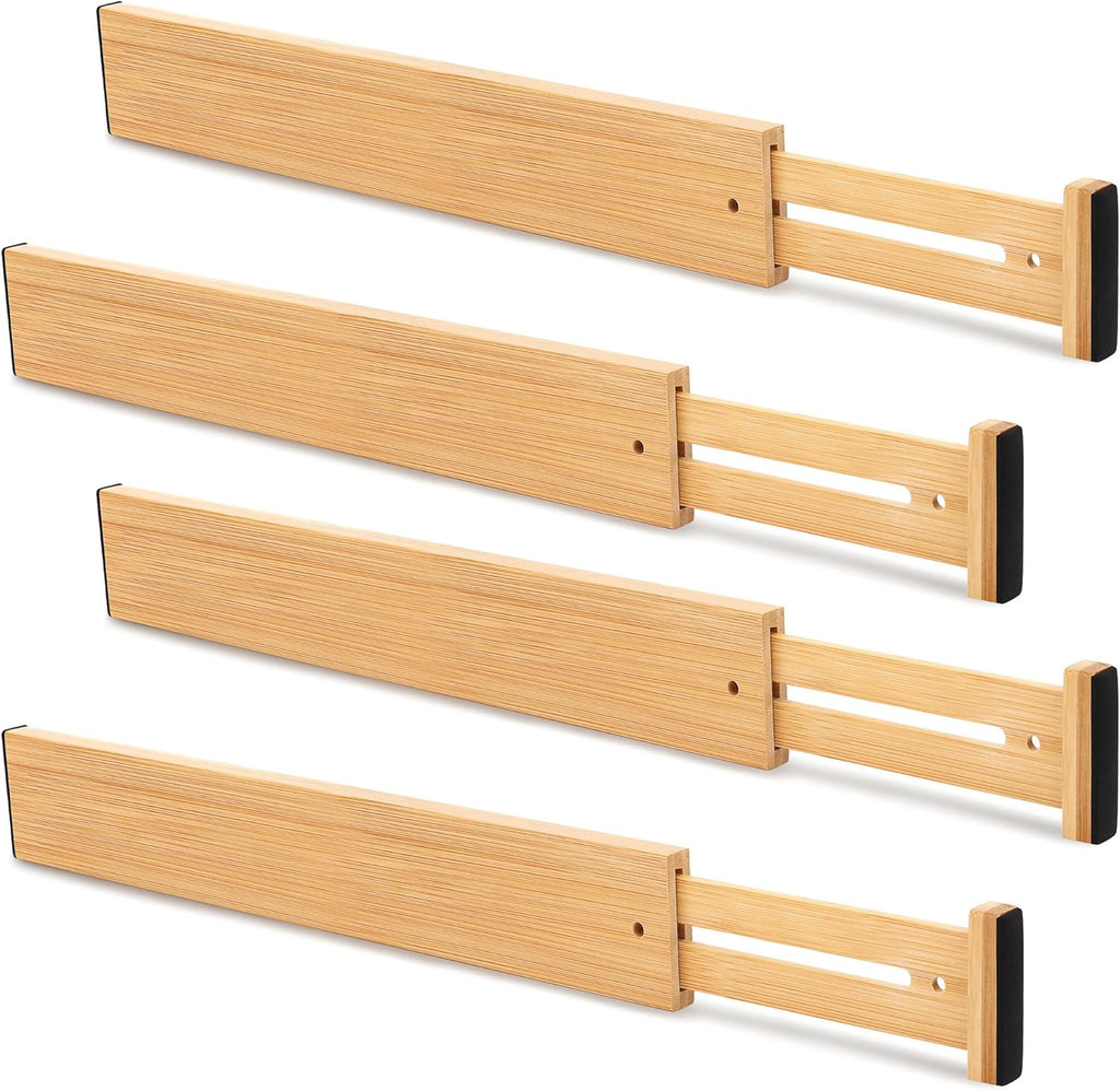 Bamboo Drawer Divider Set of 4, Adjustable Spring-Loaded Drawer Organizer (16.9"-22.2"), 2.3" Height, Suitable for Kitchen, Desk, Bathroom, Clothing, and Miscellaneous Drawer Organization, Natural