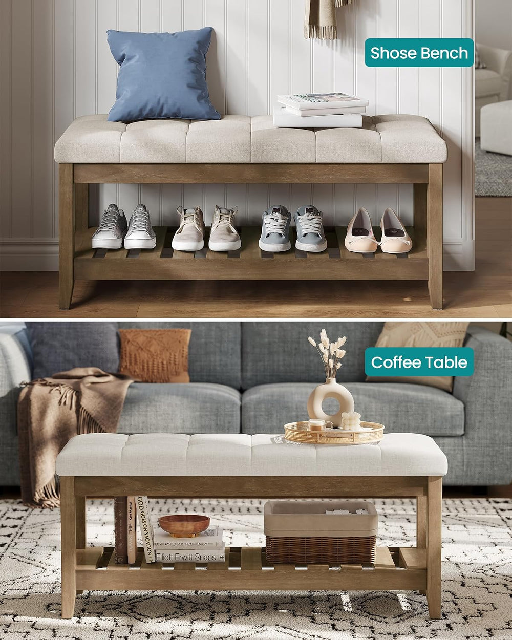 SONGMICS Storage Ottoman with Solid Wood Frame, 42.9 x 15.7 x 17.7 Inches | U...