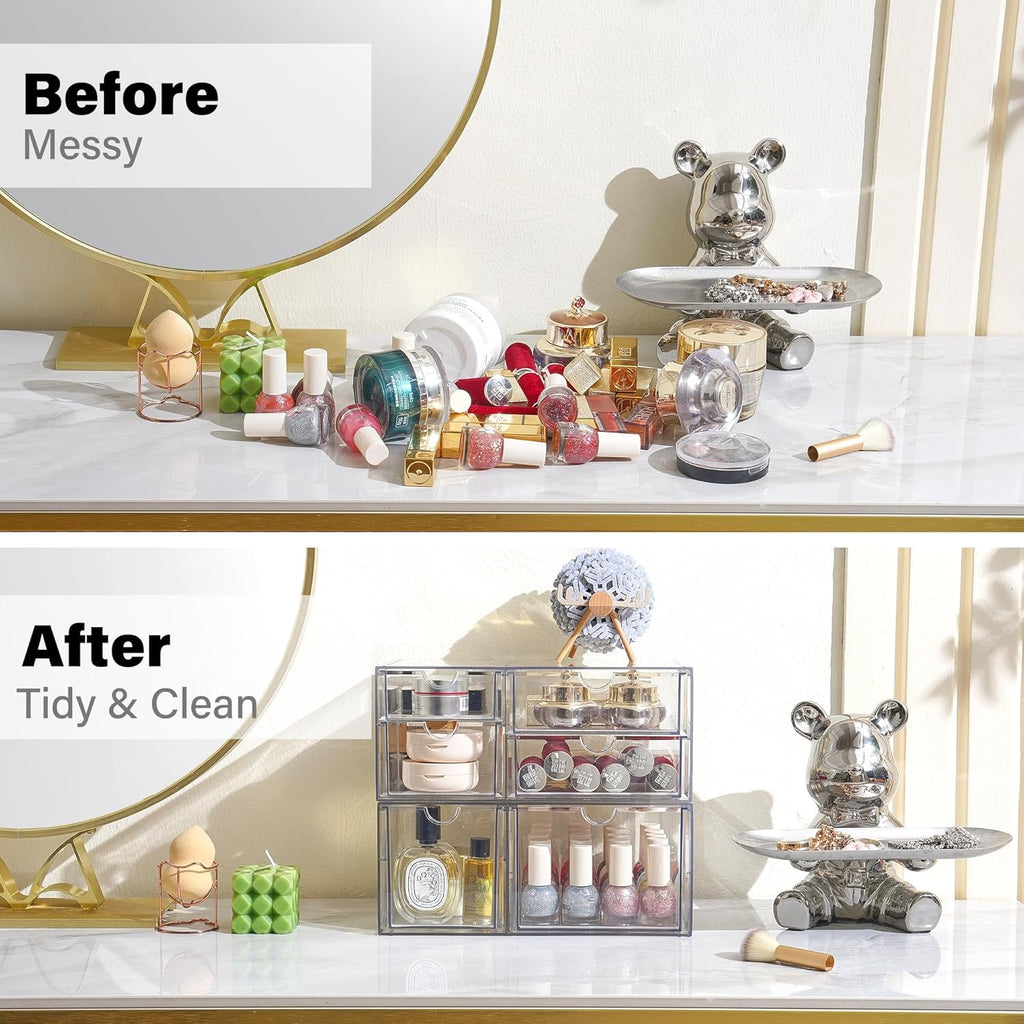 Prsildan Acrylic Drawer Makeup Organizer with 6 Drawers (Not for Baby Bottle), Set of 2 Office Desk Organizers Accessories, Clear Stackable Storage Drawers for Vanity, Craft (Largest Drawer 4" Tall)