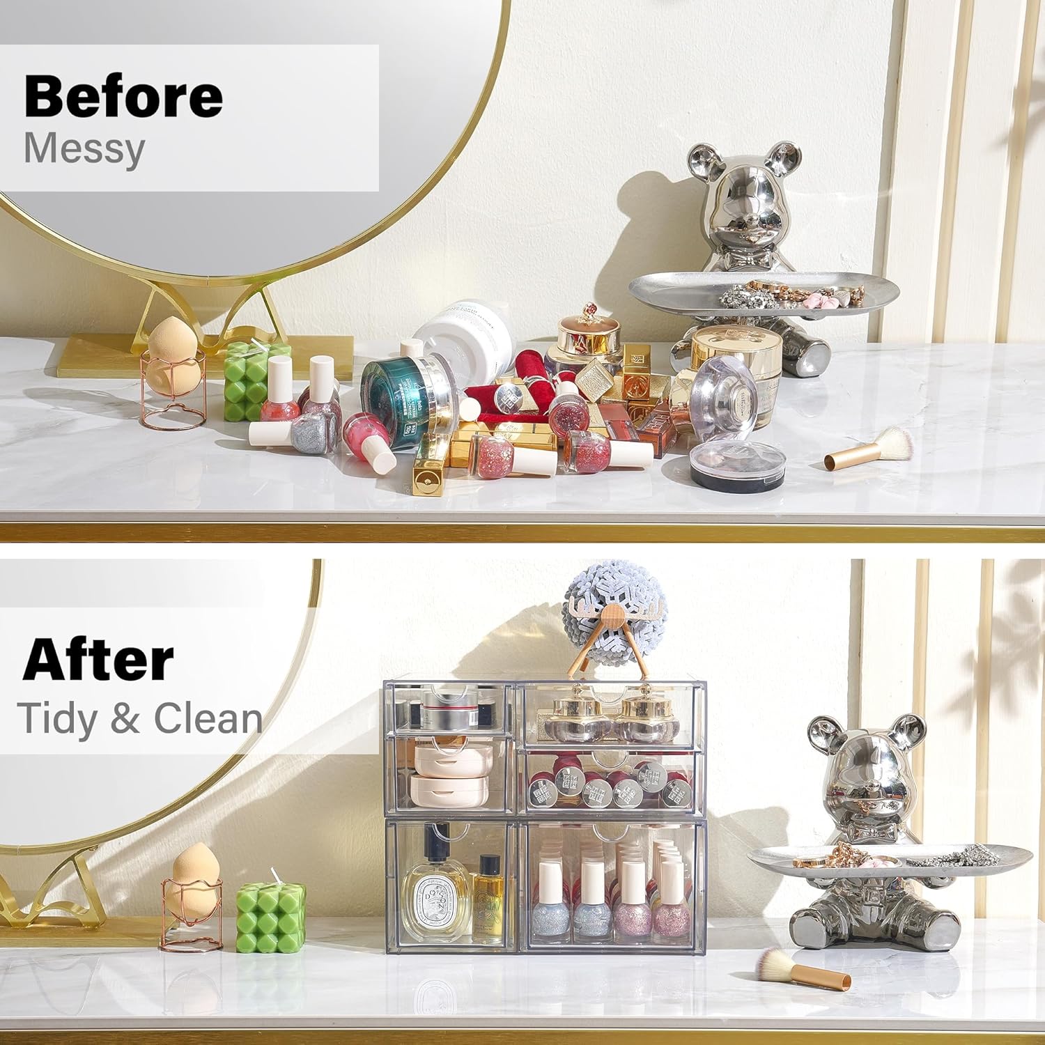 Prsildan Acrylic Drawer Makeup Organizer with 6 Drawers (Not for Baby Bottle), Set of 2 Office Desk Organizers Accessories, Clear Stackable Storage Drawers for Vanity, Craft (Largest Drawer 4" Tall)