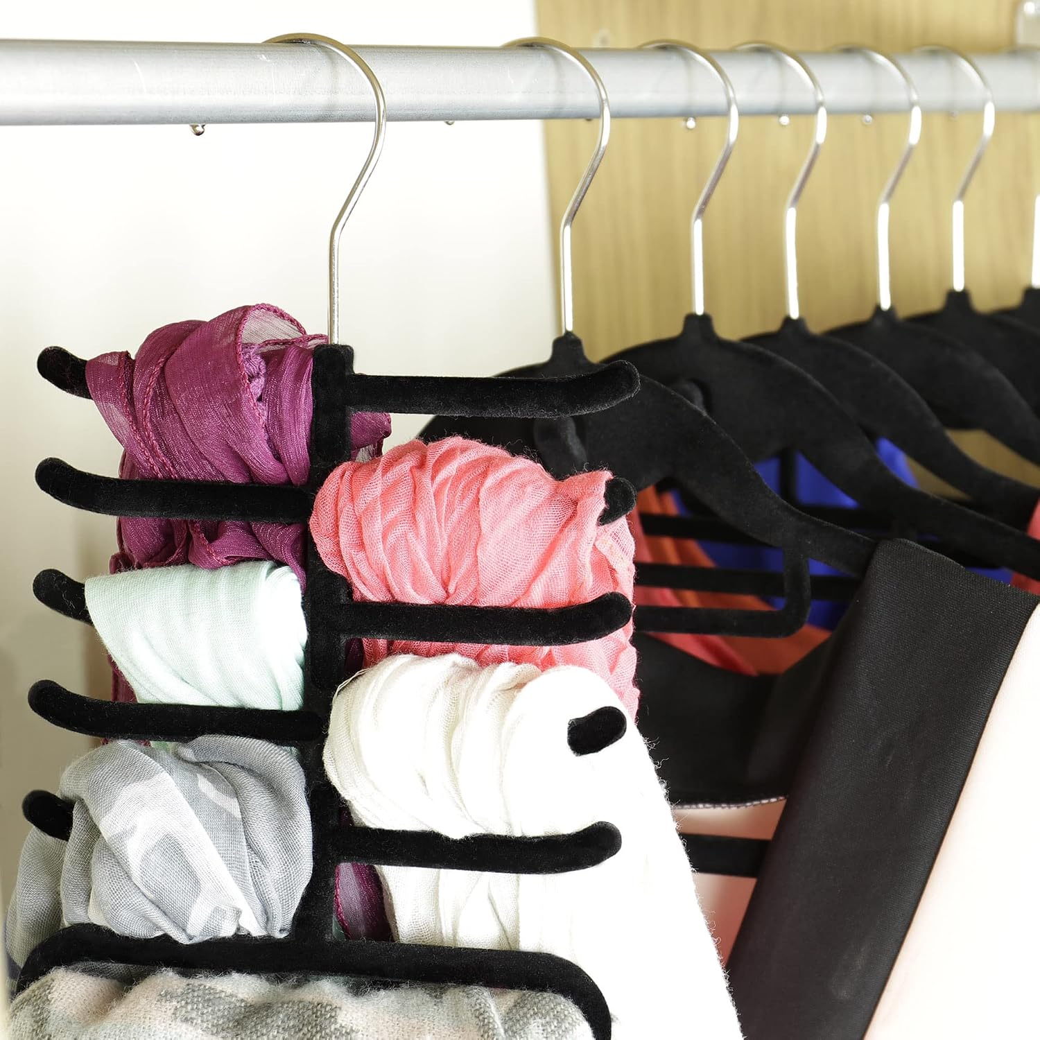 Hangerworld Single Black Flocked Tie Rack & Belt Organiser Non-Slip Coat Clothes Accessory Hanger, Metal